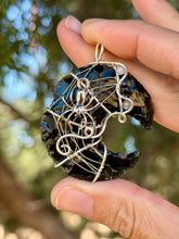 Load image into Gallery viewer, Obsidian moon with labradorite + onyx gem accents wire wrapped pendant necklace

