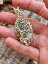 Load image into Gallery viewer, Peace jade with garnet + peridot gem accents wire wrapped pendant necklace
