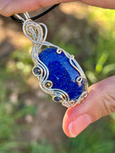 Load image into Gallery viewer, Lapis lazuli with sapphire + pyrite gem accents wire wrapped pendant necklace

