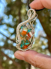 Load image into Gallery viewer, DESIGNER STONE spiny oyster turquoise with rhodochrosite + rose quartz inclusions Wire wrapped pendant
