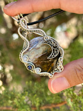 Load image into Gallery viewer, ARTISAN CAB (positive rocks) Common Blue Scenic Opal with Angelite and lapis lazuli inclusions wire wrapped pendant talisman necklace
