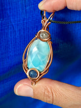 Load image into Gallery viewer, Larimar with blue kyanite + super 7 inclusions wire wrapped pendant necklace talisman
