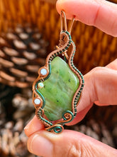 Load image into Gallery viewer, Artisan cab (positive rock) serpentine with sea sediment jasper + aquamarine gem accents wire wrapped pendant necklace
