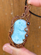 Load image into Gallery viewer, DESIGNER cab Larimar with sapphire + aquamarine inclusions Wire wrapped pendant
