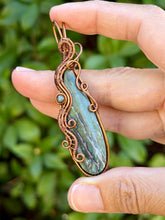 Load image into Gallery viewer, Artisan cab (positive rocks) Indian agate with blue kyanite gem accent wire wrapped pendant necklace

