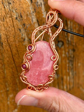 Load image into Gallery viewer, DESIGNER STONE Rhodochrosite with ruby + thulite inclusions Wire wrapped pendant
