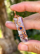 Load image into Gallery viewer, Chevron Amethyst with lapis lazuli gem accent Mini wire wrapped pendant necklace
