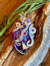Load image into Gallery viewer, Purple aura quartz cluster with sapphire and raspberry jade gem accent wire wrapped pendant necklace
