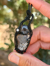 Load image into Gallery viewer, Turkish stick agate with moonstone gem accent wire wrapped pendant necklace
