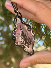 Load image into Gallery viewer, Artisan cab (Marina rabinskaya) Lepidolite Mica with pyrite, ruby,  onyx gem accents wire wrapped pendant necklace
