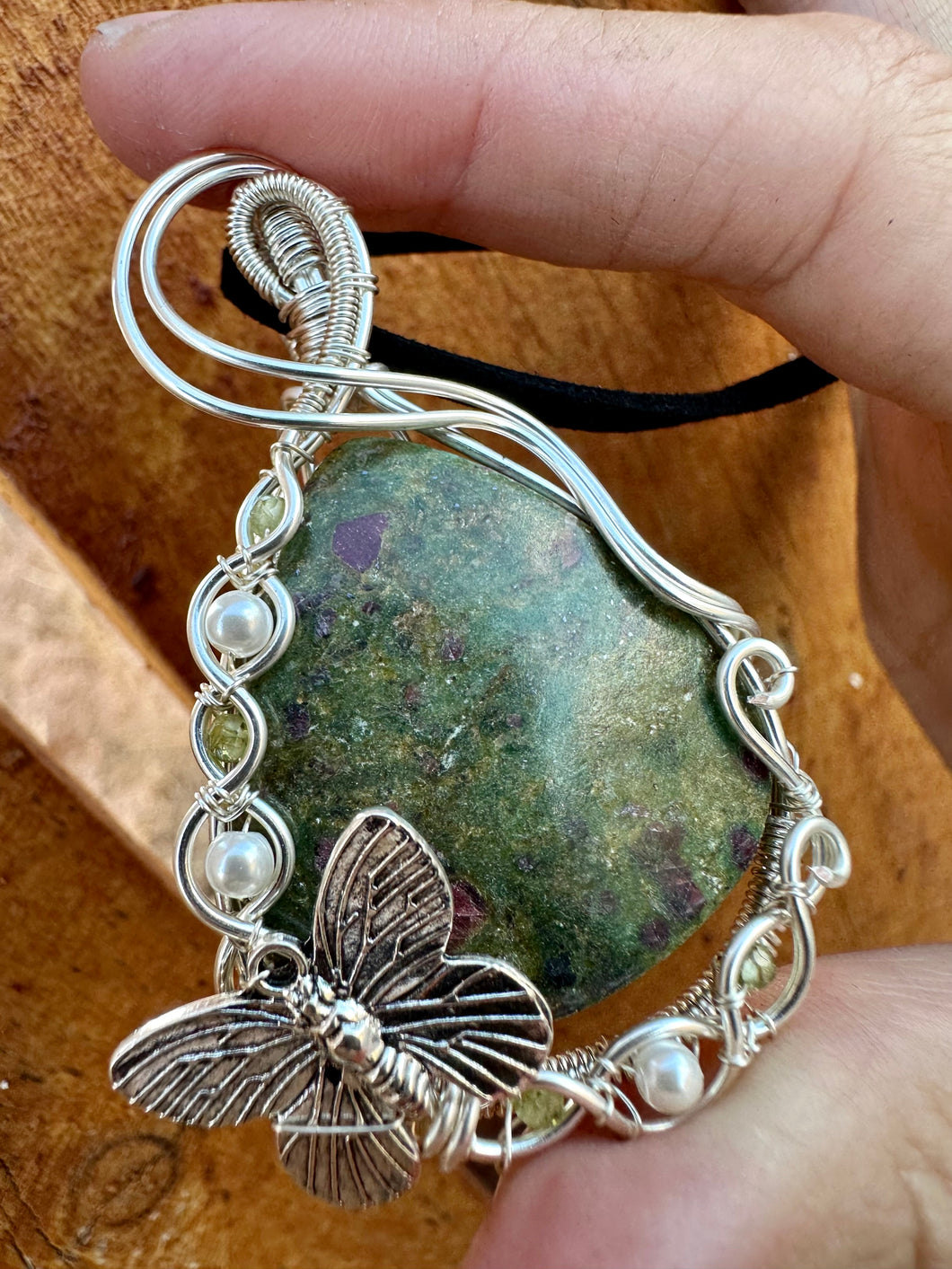 Reserved for Denise a Ruby in Fuchsite with Pearl, Prehnite Gem Inclusions Wire Wrapped Pendent Necklace