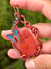 Load image into Gallery viewer, Cherry quartz with sapphire + ruby gem accents wire wrapped pendant necklace
