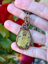 Load image into Gallery viewer, Atlantasite with amethyst gem accent wire wrapped pendant necklace
