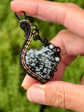 Load image into Gallery viewer, Snowflake obsidian with moonstone + garnet gem accents wire wrapped pendant necklace
