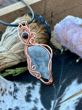 Load image into Gallery viewer, RESERVED • Nahara’s Veil •Desert Druzy Chalcedony with onyx gem inclusions wire wrapped pendant talisman necklace
