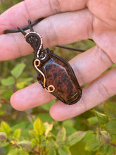 Load image into Gallery viewer, Mahogany obsidian “coffin” with obsidian gem inclusions wire wrapped pendant necklace
