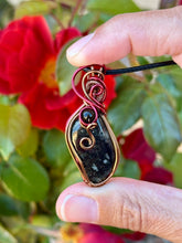 Load image into Gallery viewer, Eudialyte with obsidian gem accent wire wrapped pendant necklace
