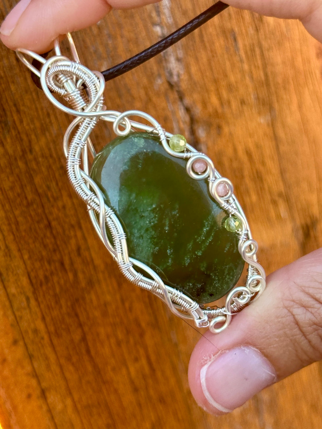 Serpentine with peridot + rhodochrosite gem accents wire wrapped pendant necklace