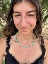 Load image into Gallery viewer, Teal Magnesite + orange glass accent bead beaded combo 18” stretchy necklace
