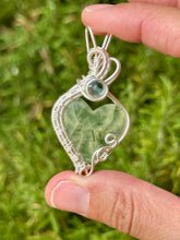 Load image into Gallery viewer, Prehnite with epidote with blue fluorite wire wrapped pendant necklace
