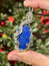 Load image into Gallery viewer, Lapis lazuli with sapphire + pyrite gem accents wire wrapped pendant necklace
