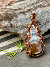 Load image into Gallery viewer, Red Indonesian moss agate with raspberry jade gem accent wire wrapped pendant
