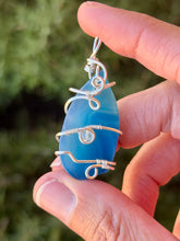 Load image into Gallery viewer, Blue agate slice with labradorite gem accent wire wrapped pendant necklace
