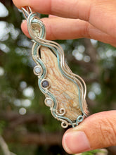 Load image into Gallery viewer, Artisan cab (positive rock) common blue opal with Angelite + sapphire gem accents wire wrapped pendant necklace

