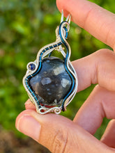 Load image into Gallery viewer, Que sera stone with lapis lazuli gem accents wire wrapped pendant necklace
