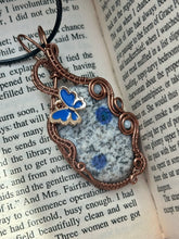 Load image into Gallery viewer, K2 azurite in granite with aquamarine + sapphire inclusions Wire wrapped pendant
