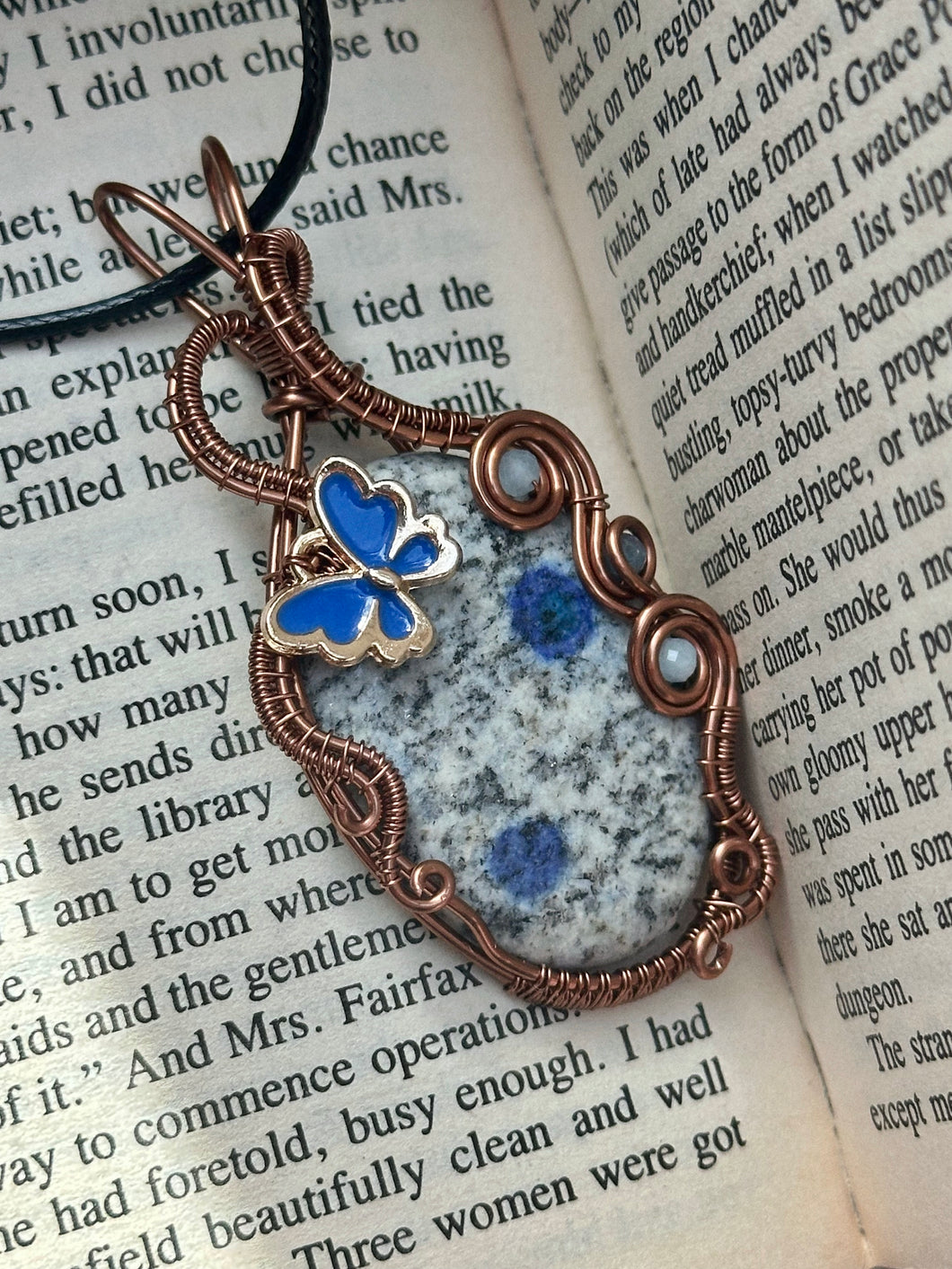 K2 azurite in granite with aquamarine + sapphire inclusions Wire wrapped pendant