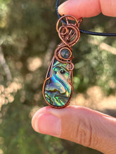 Load image into Gallery viewer, Abalone with moss agate gem accent wire wrapped pendant necklace
