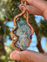 Load image into Gallery viewer, Artisan cab (positive rock) sky moss agate doublet with chrysopease + dumortierite gem accent wire wrapped pendant necklace
