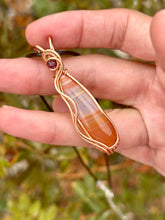 Load image into Gallery viewer, ARTISAN cab (positive rocks) Carnelian with ruby accent wire wrapped pendant necklace

