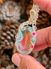 Load image into Gallery viewer, Angel aura quartz with pink agate + sea sediment jasper gem accents wire wrapped pendant necklace
