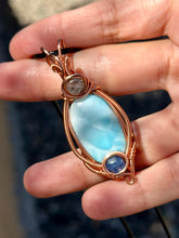 Load image into Gallery viewer, Larimar with blue kyanite + super 7 inclusions wire wrapped pendant necklace talisman
