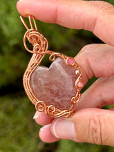 Load image into Gallery viewer, Strawberry quartz heart with pink jade + hematite gem accents wire wrapped pendant necklace
