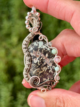 Load image into Gallery viewer, Artisan cab (johari gems) kammererite with green fluorite, chrysoprase, pink opal gem accents wire wrapped pendant necklace
