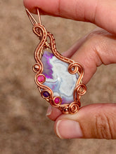 Load image into Gallery viewer, Artisan cab (positive rock) purple aurora opal/plume agate doublet with pink jade + amethyst + copper gem accents wire wrapped pendant necklace
