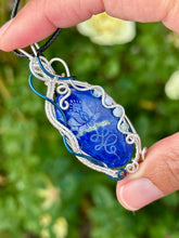 Load image into Gallery viewer, ARTISAN STONE (Marina Rabinskaya) Lapis lazuli with blue kyanite + Angelite gem accents wire wrapped pendant necklace
