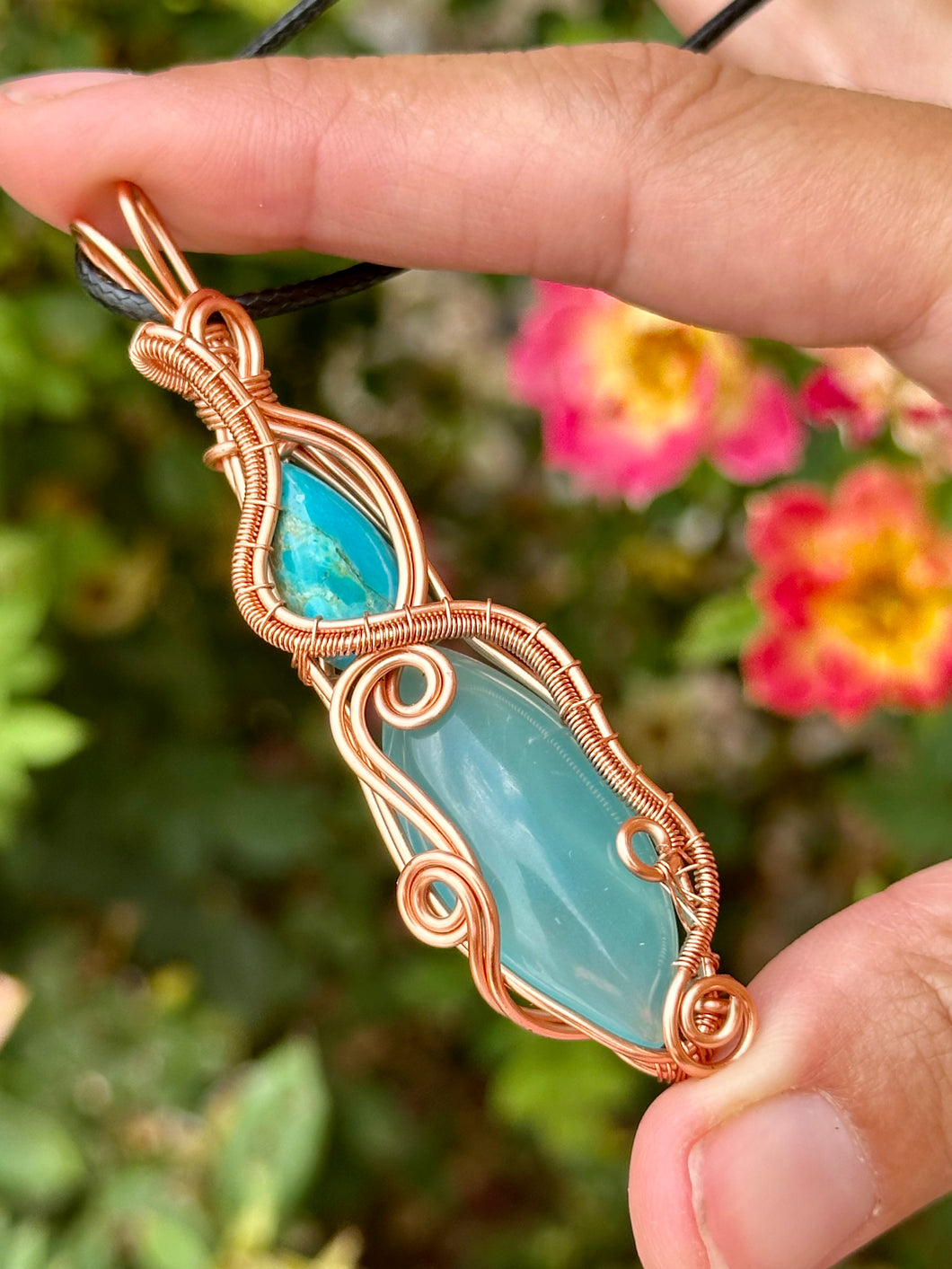 Turquoise with Blue onyx double wire wrapped pendant talisman