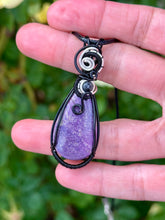 Load image into Gallery viewer, Stichtite with Larvikite gem accent wire wrapped pendant necklace
