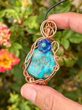 Load image into Gallery viewer, Malachite / Chrysocolla with turquoise gem inclusions wire wrapped pendant necklace

