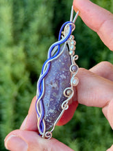 Load image into Gallery viewer, Artisan cab (positive rocks) grape agate with purple mookaite + pearl gem accents wire wrapped pendant necklace
