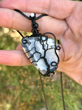 Load image into Gallery viewer, ARTISAN STONE (positive rocks) Black scenic Maligano Jasper with obsidian + moonstone gem accents tree of life wire wrapped pendant necklace
