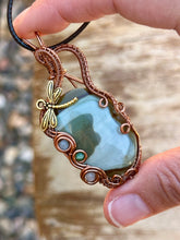 Load image into Gallery viewer, DESIGNER STONE polychrome jasper with aquamarine + zoisite inclusions Wire wrapped pendant
