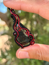 Load image into Gallery viewer, African bloodstone with garnet gem stone accents wire wrapped pendant necklace
