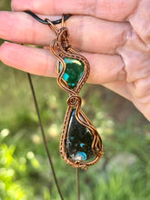 Load image into Gallery viewer, Chrysocolla/malachite with azurite double decker wire wrapped pendant necklace
