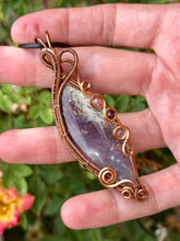 Load image into Gallery viewer, ARTISAN CAB (Ibrahim Opic) Indonesian Red Moss Agate with strawberry quartz + garnet inclusions wire wrapped pendant talisman necklace
