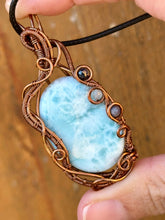 Load image into Gallery viewer, DESIGNER cab Larimar with sapphire + aquamarine inclusions Wire wrapped pendant
